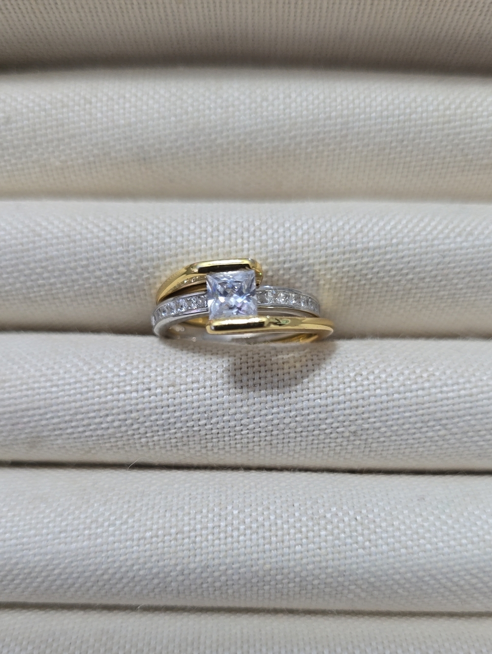 Solitaire Bypass Ring with Square White Stone And Inside Ring, 2 Tone